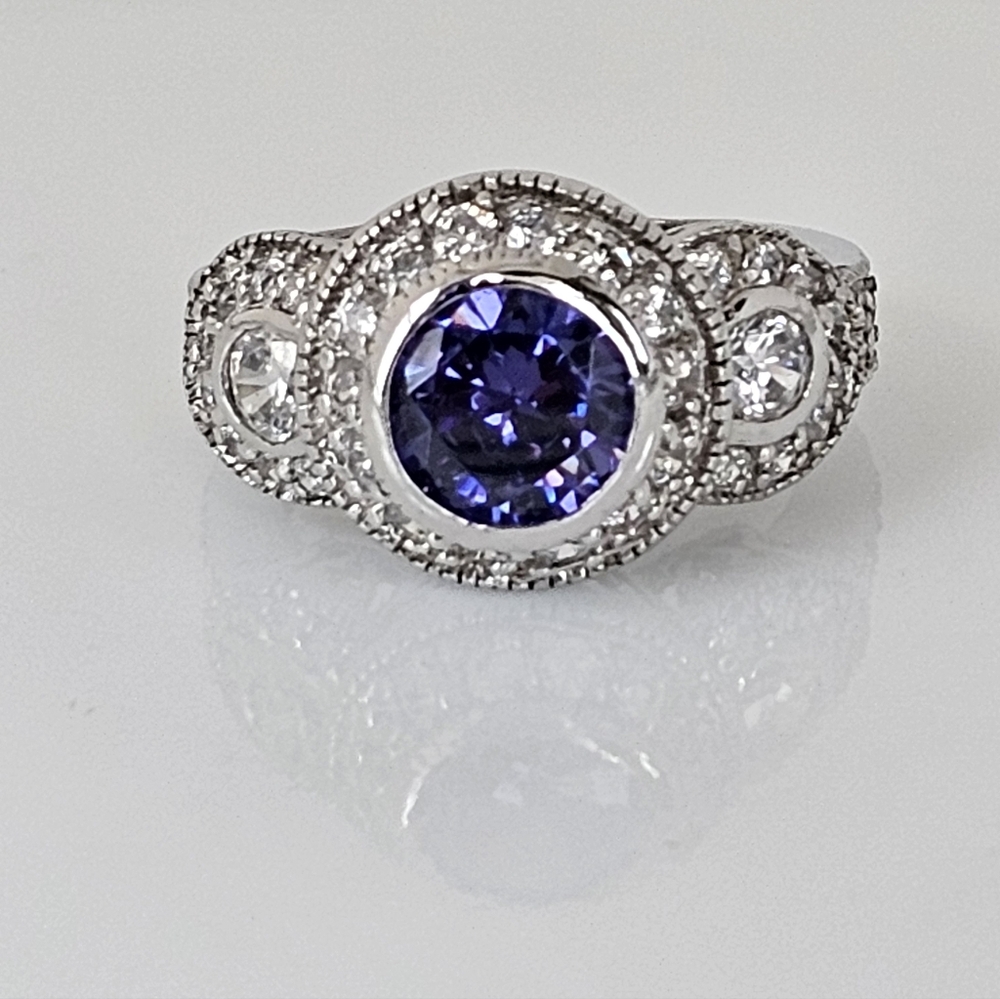 Rare Art Deco Blue Sapphire & Diamond Simulant Sterling Silver Ring Sz 7